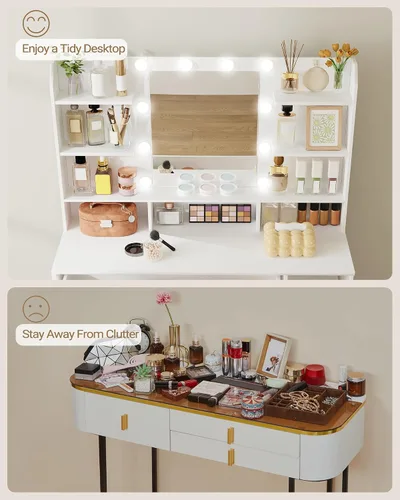 Vista 3 de Escritorio de tocador con espejo HD, tocador de maquillaje con luces LED, 3 niveles de brillo ajustable, mesa de vestir con estanterías ocultas