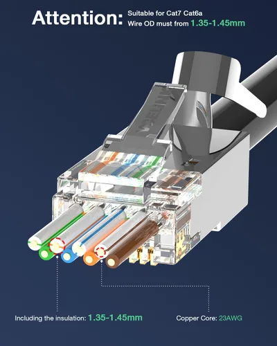 Vista 7 de VCELINK Conector CAT6A, conectores RJ45 pasan a través de CAT6A CAT7 blindado, chapado en oro de 3 clavijas con certificación UL, conector CAT7