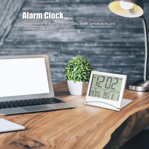Vista 4 de Reloj electrónico compacto con alarma plegable, fácil de leer, reloj atómico de escritorio, ajuste automático, pantalla de reloj despertador digital