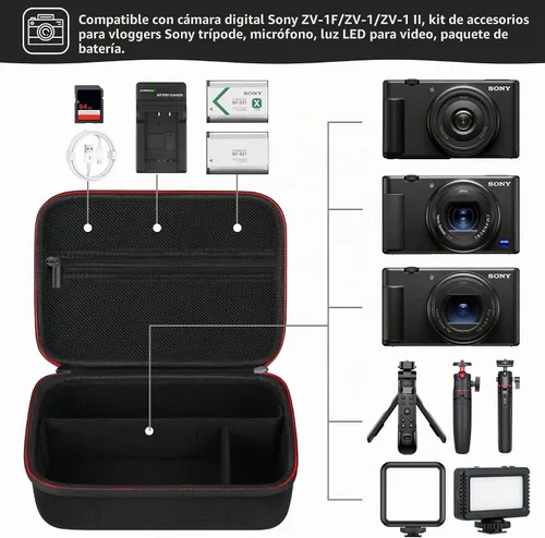 Vista 2 de Funda rígida de viaje para cámara digital Sony ZV-1F / ZV-1 / ZV-1 II, funda protectora para kit de accesorios Vlogger, trípode y micrófono