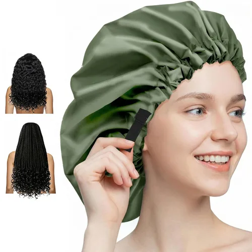 Vista 13 de Aquior Gorro de ducha para mujer, extra ajustable, doble capa, impermeable, reutilizable, gorra de pelo de tamaño grande para todo el cabello