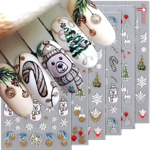 Vista 10 de 10 calcomanías de uñas de Navidad de invierno para mujeres, dibujos animados 3D, alce, muñeco de nieve, campanas de Papá Noel, copo de nieve