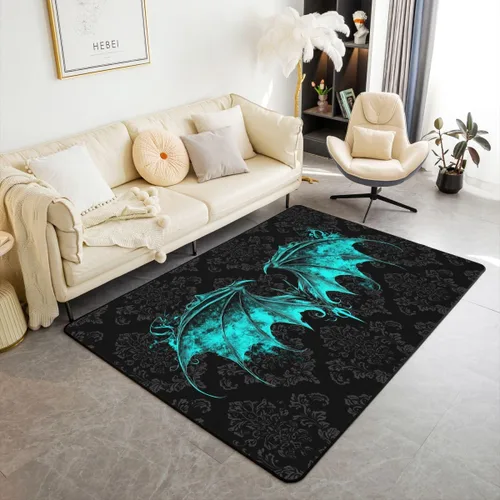 Vista 9 de Erosebridal Alfombra gótica de 3 x 5 pies, estilo bohemio, damasco, murciélago, sala de estar, antideslizante, negro, gris, azul, alfombra gótica
