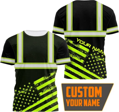 Vista 3 de Camisa de alta visibilidad con bandera de Estados Unidos de color para hombres y mujeres, con nombre personalizado, camisa de seguridad reflectante