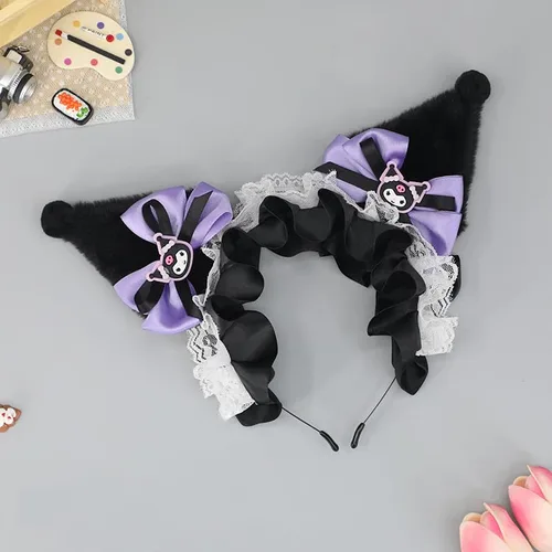 Vista 2 de Kuromi - Diadema con lazos y cintas de encaje, diadema de Lolita para disfraz de dibujos animados, fiesta de cosplay para niños y mujeres y niñas