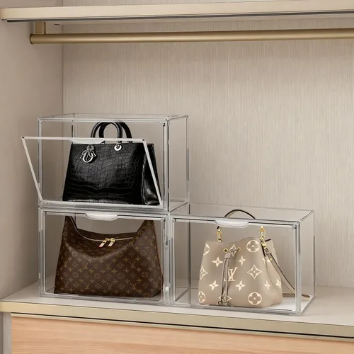 Vista 5 de Paquete de 3 organizadores de bolsos para armario, vitrina de acrílico transparente, caja organizadora de almacenamiento con puerta magnética