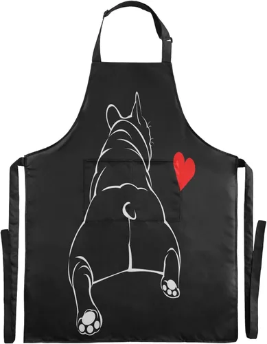 Vista 2 de ALAZA Bulldog - Delantal negro para cachorros franceses para hombres y mujeres, chef con bolsillos para cocina, barbacoa, regalos de trabajo, correa