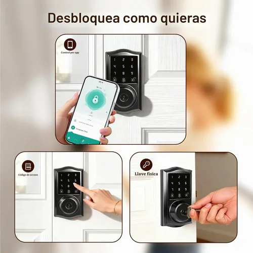 Vista 2 de Cerradura inteligente para puerta de entrada sin llave con control de aplicación, cerrojo electrónico de teclado con pantalla táctil con timbre