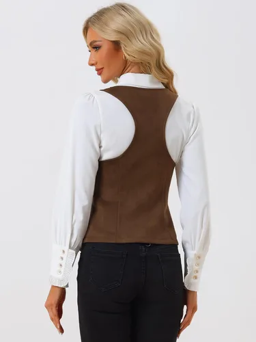 Vista 3 de Allegra K Chaleco vintage para mujer, a cuadros, con botones, sin mangas, con panel de gamuza sintética, chalecos elegantes