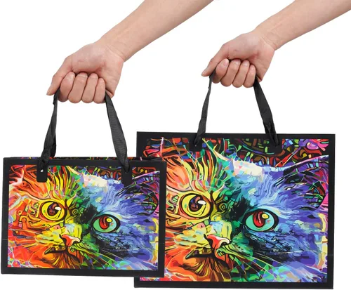 Vista 4 de ysmile Bolsa de regalo negra con bolsa de papel boutique con asa de gran tamaño para mujeres y hombres de 15.7 pulgadas - gato