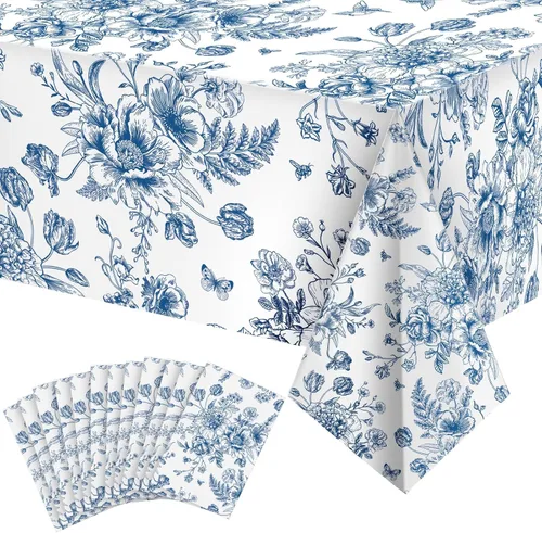 Vista 8 de Tiamon 1 mantel de plástico floral azul de 54 x 108 pulgadas, mantel rectangular vintage desechable con flores azules azul marino y blanco
