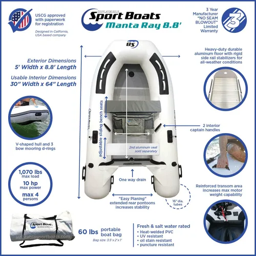 Vista 2 de Manta Ray 8.8' - Modelo SB-270 - Bote de aluminio soldado con calor premium con bolsa de asiento Suelo duro de aluminio rígido Bote inflable