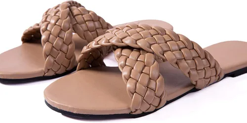 Vista 2 de Sandalias planas para mujer con tiras cruzadas de cuero trenzado color piel sandalias de moda para fiestas noche y bodas