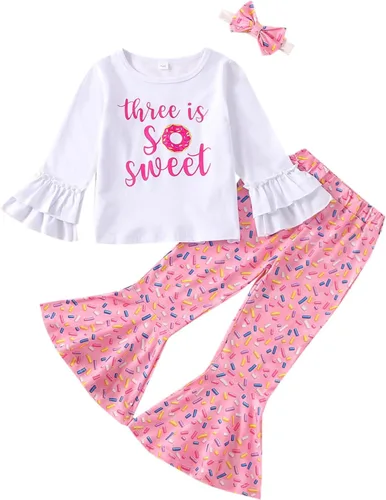 Vista 45 de Conjunto de ropa de cumpleaños para bebé niña pequeña, camiseta de manga larga, pantalones de campana, diadema