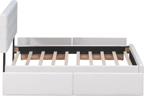 Vista 8 de Bellemave Cama Queen con 4 cajones de almacenamiento, base de cama tapizada con cabecera capitoné con botones, soporte de listones de madera, camas