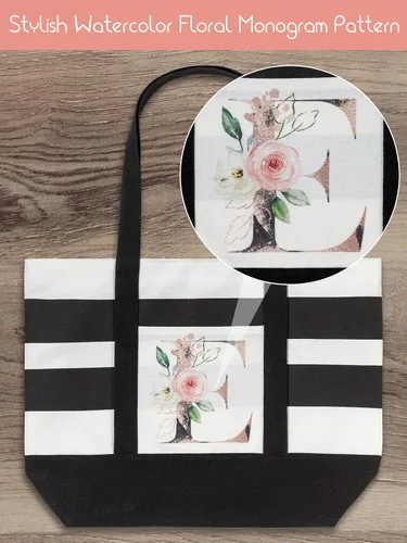 Vista 6 de PARBEE Bolso tote de lona con iniciales, diseño de rayas y flores, con cremallera superior, bolsas de playa grandes con monograma de regalo