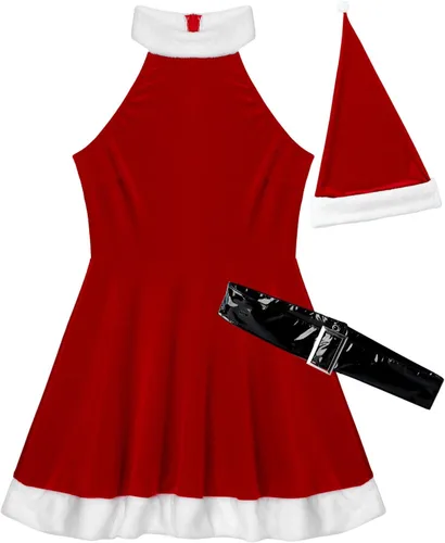 Vista 7 de Loloda 3 piezas de terciopelo suave para mujer y adulto, disfraz de Papá Noel, vestido de franela con sombrero