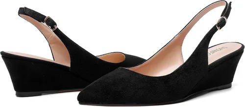 Vista 6 de SHOWFOREST Zapatos de tacón bajo con correa ajustable para mujer, con hebilla de gamuza y puntera puntiaguda, 2 pulgadas
