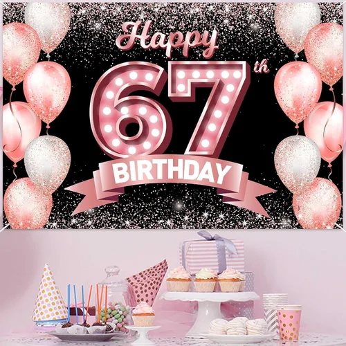 Vista 198 de Cartel de feliz cumpleaños décimo oro rosa, telón de fondo, saludos a 10 años, globos de confeti, decoración temática para niñas de 10 años