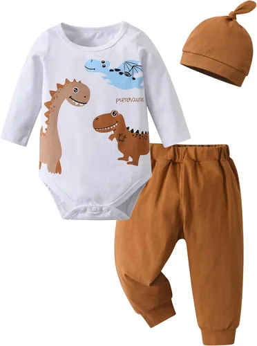 Vista 84 de Conjunto de 3 piezas de ropa de bebé recién nacido con estampado de manga larga + pantalones + sombrero