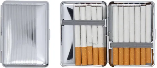 Vista 22 de Juego de 2 cajas de cigarrillos compactas chapadas en metal tamaño King con bandas elásticas (oro ovalado)