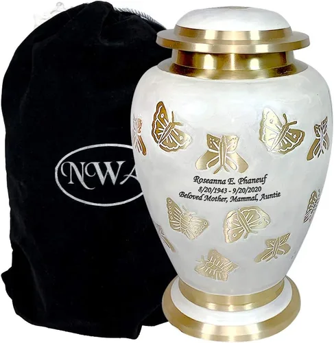 Vista 2 de Urna de cremación de mariposa con personalización, blanco perla y oro, urna de cremación humana para adultos con recuerdo a juego y bolsas