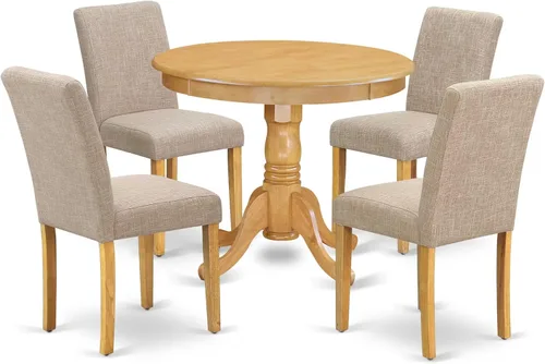 Vista 15 de East West Furniture ANAB3-AWA-05 - Juego de mesa de comedor moderno de 3 piezas, incluye una mesa de cocina redonda con pedestal y 2 sillas