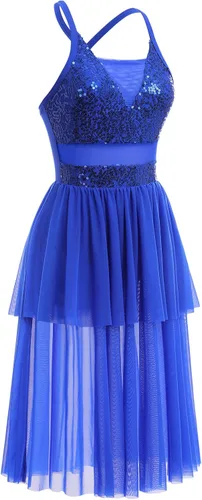 Vista 2 de ODASDO Disfraces de baile lírico para mujer, moderno y contemporáneo, vestido de tul de malla con volantes y lentejuelas cruzadas