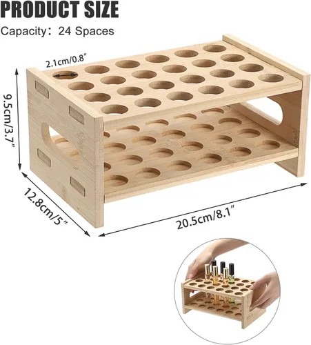 Vista 2 de ELLDOO Organizador de perfume Rollerball, soporte de almacenamiento de perfume de bambú para 24 espacios, soporte de aroma de belleza con asa