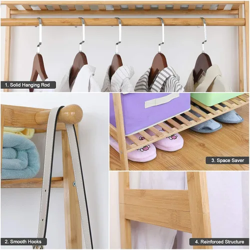 Vista 9 de Ufine Estante de ropa de bambú con estante de almacenamiento Soporte de ropa portátil para dormitorio habitación de invitados