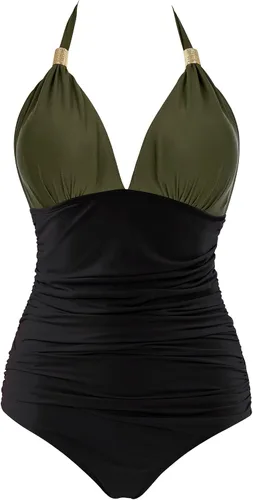Vista 37 de RXRXCOCO - Traje de baño fruncido de una pieza, con cuello en V, para mujer, con control de abdomen y cuello halter