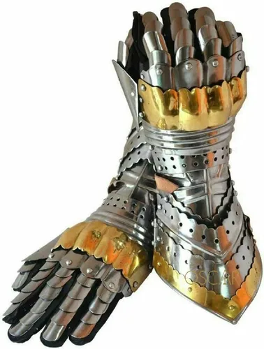 Vista 4 de Guanteletes Artiulados Medievales con Acentos de Latón Guanteletes funcionales de acero templario medieval para combate, recreación