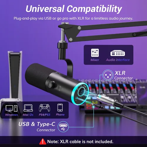 Vista 7 de TONOR Micrófono dinámico para juegos, transmisión de micrófono XLR/USB, cancelación de ruido AI, RGB controlable, Tap Mute, conector