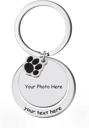 Vista 2 de Eletizy Llavero personalizado con foto de mascotas, llavero grabado con etiqueta de perro con estampado de huellas de huellas de animales, amante
