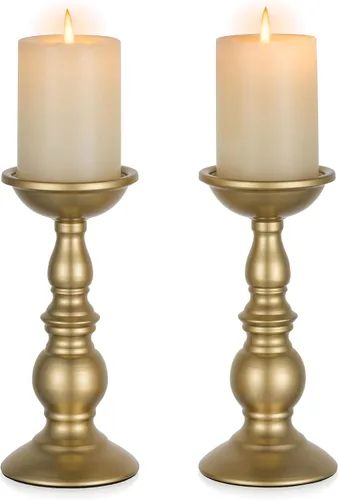 Vista 18 de NUPTIO Pillar Candle Holder Brass: Gold Tall Candles Stand for 3" Pillars Latón