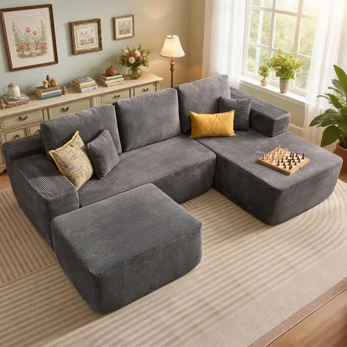 Vista 22 de Sofá modular Cloud de 96 pulgadas con tumbona, asiento profundo en forma de L, moderno sofá cama sin hueso, no requiere montaje, sofás sin hueso