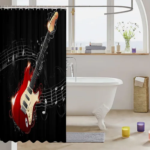 Vista 3 de Erosebridal Cortina de ducha de guitarra para niños, con notas musicales, cortina de ducha temática de música rock, juegos de baño de 72 pulgadas