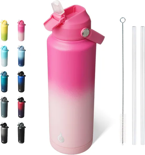 Vista 13 de BJPKPK - Botella de agua aislada con tapa de popote, 532 ml Botellas termo con boquilla suave, asa flexible y base antideslizante, libre de BPA, a