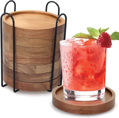 Vista 9 de 4 posavasos de madera de granja con soporte, lindo juego de posavasos de madera para bebidas al aire libre, decoración del hogar, decoración de mesa
