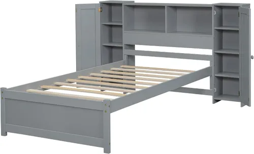 Vista 6 de Cama de plataforma de tamaño individual con cabecera de almacenamiento y taquillas, cabecera de almacenamiento multifuncional con 3 estantes Gris-t