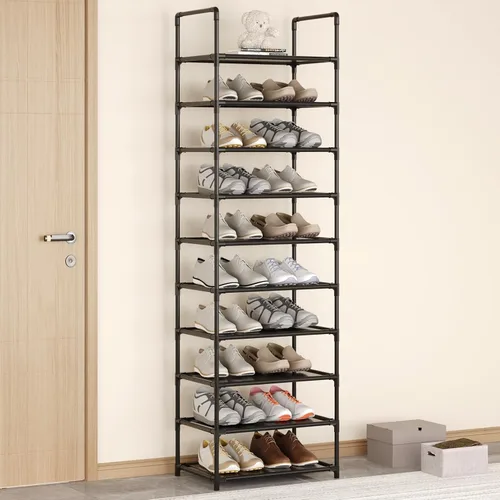 Vista 7 de Zapatero pequeño de 6 a 8 pares de estantes resistentes para zapatos de 4 niveles, organizador de zapatos estrecho apilable, estantes ligeros