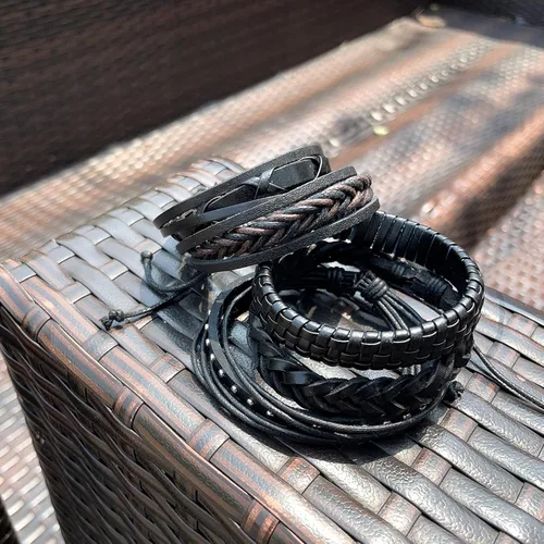 Vista 2 de MILAKOO Pulsera de cuero trenzado para hombres y mujeres, ajustable, color negro y marrón
