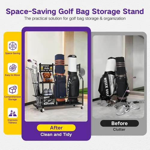 Vista 5 de Organizador de almacenamiento de bolsas de golf, soporte de almacenamiento para bolsas de golf y otros accesorios de equipo de golf, estante