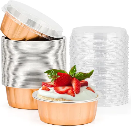 Vista 23 de Beasea Disposable Ramekins with Lids, 50 Pack 8oz 235ml Aluminum Foil Baking Cups with Lids, Aluminum Creme Brulee Ramekins Muffin Cupcake Pudding