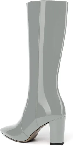 Vista 56 de AMBELIGHT Botas altas hasta la rodilla con cremallera y puntera puntiaguda para mujer, de patente sólida, tacón alto, 3.3 pulgadas