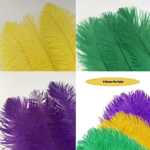 Vista 5 de 12 plumas de Mardi Gras de 10 a 12 pulgadas para manualidades, plumas de avestruz coloridas moradas, verdes, doradas para Mardi Gras, manualidades