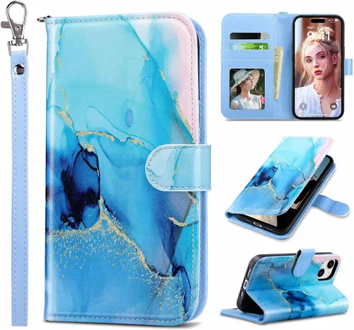 Vista 9 de ULAK Funda tipo billetera compatible con iPhone 15 para mujeres, funda tipo cartera con estampado floral de piel PU premium con porta tarjetas