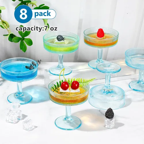 Vista 2 de Teenyyou 8 vasos de Martini vintage acanalados de 7 onzas, copas de Martini de champán, cristalería clásica de cóctel, cristalería acanalada Azul