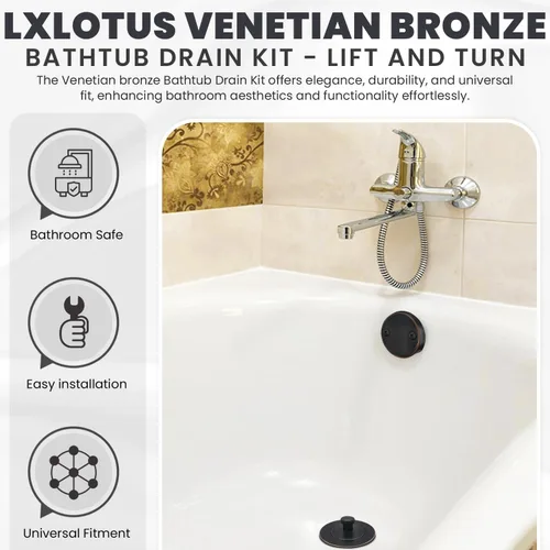 Vista 2 de Kit de drenaje de bañera de bronce veneciano - Elevación y giro - Kit de repuesto para bañera, placa de desbordamiento y tornillos incluidos, ajuste