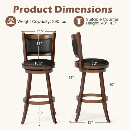Vista 3 de COSTWAY Juego de 2 taburetes de bar, giratorios de 360 grados, taburete giratorio de madera con acento de altura, diseño tapizado de cuero, asiento